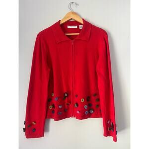 Marisa Christina Zip Up Collared Red Cardigan Size Large Felt Artsy Art2Wear